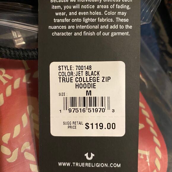 True Religion Y2K College Zip Hoodie Sweatshirt Men M Jet Black Logo Skater NWT - Picture 6 of 11